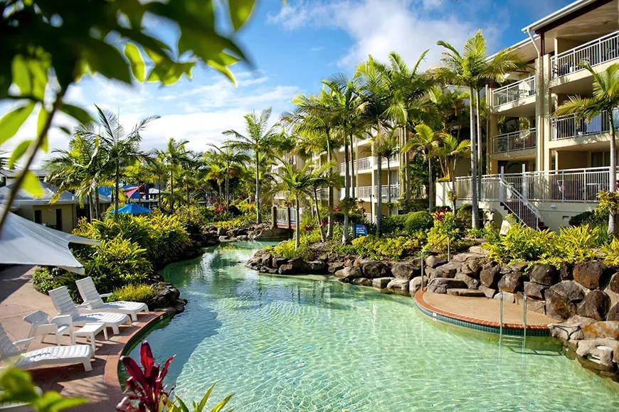 BreakFree Alexandra Beach outdoor pool and hotel room balconies